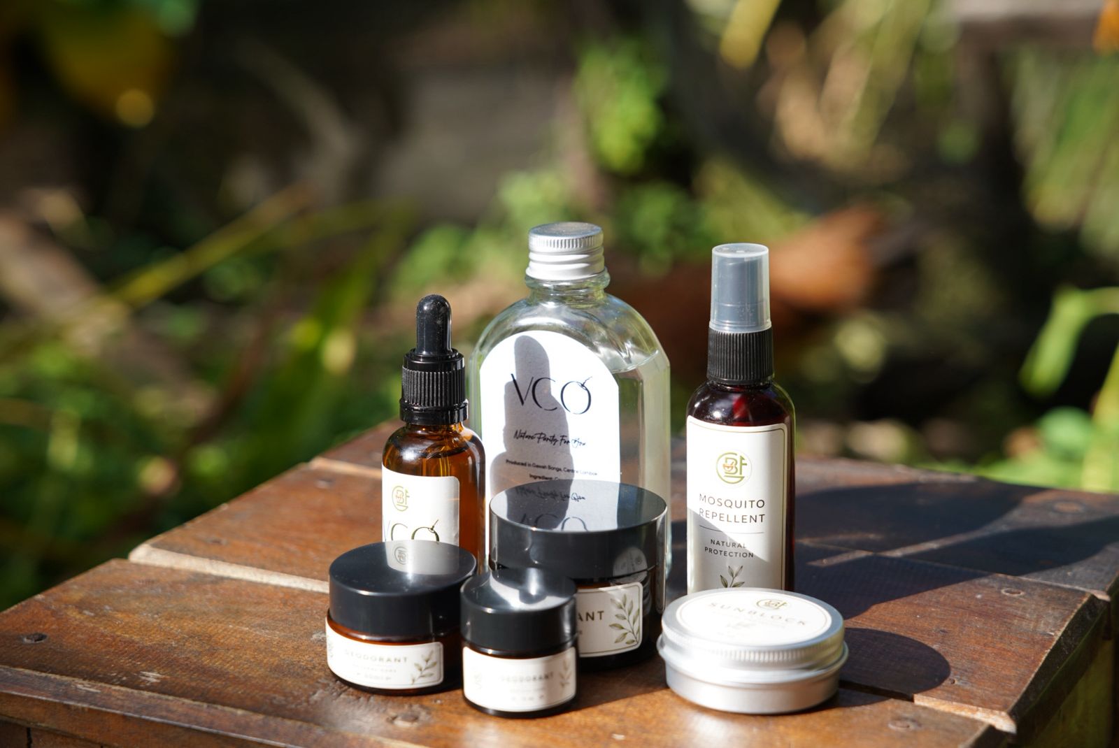 All natural products by Gawah Bonga Foundation including VCO, mosquito repellent, sunblock, and deodorant