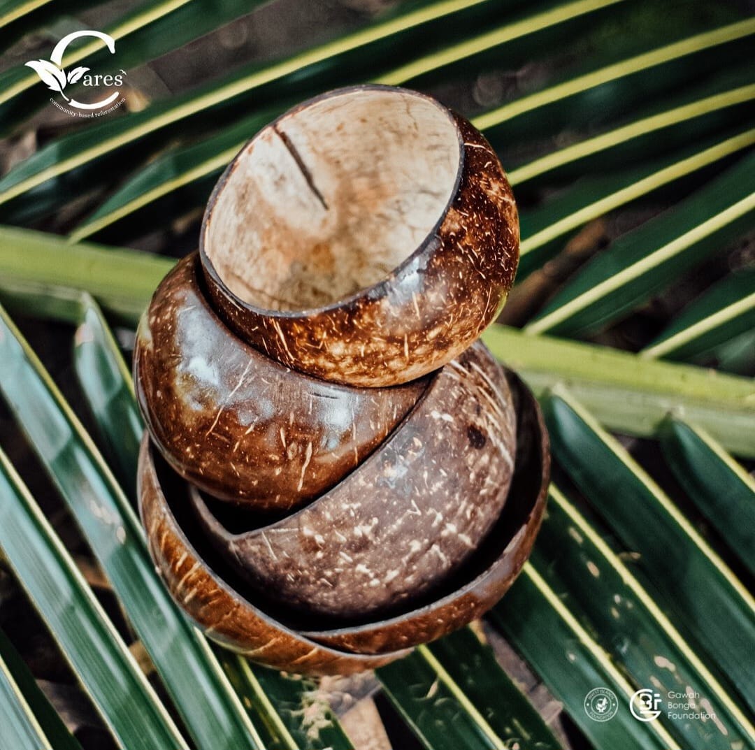 Zero-waste coconut shell bowls carved by local artisans in Dusun Bongak, Lombok